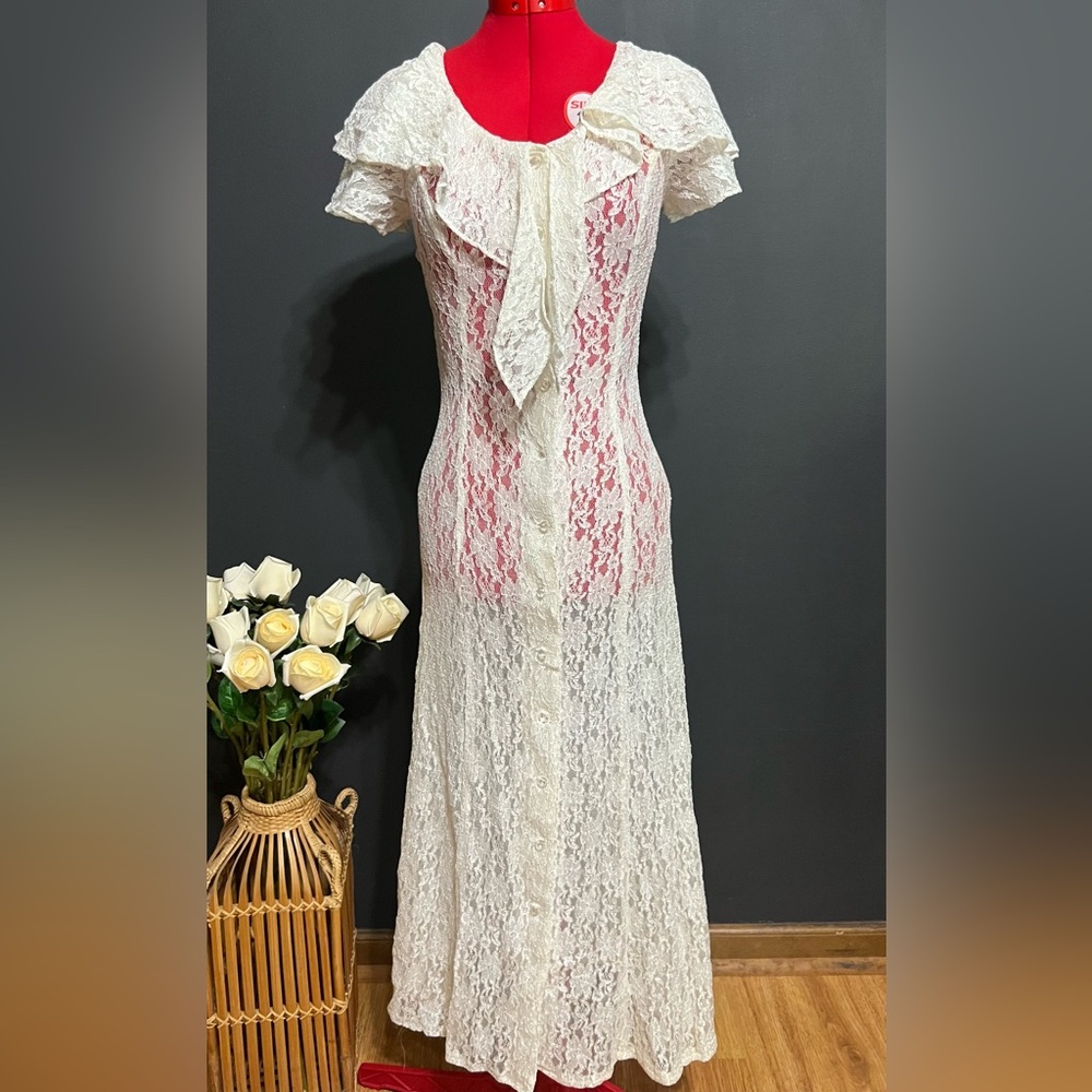 Vintage All That Jazz Ivory Lace Maxi Dress w/ Ruffle Collar Sz 3/4 Made in USA